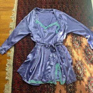 Victoria's Secret Lavender Satin Robe with Teal Lace